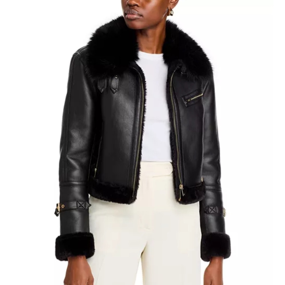 Generation Love NEW Black Leather Jacket with Faux Fur Trim Size M